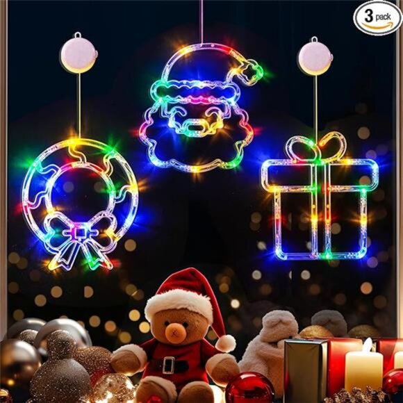 Christmas Window Decorations 3 Pack Wreath Gift Box Santa Claus - Picture 7 of 7